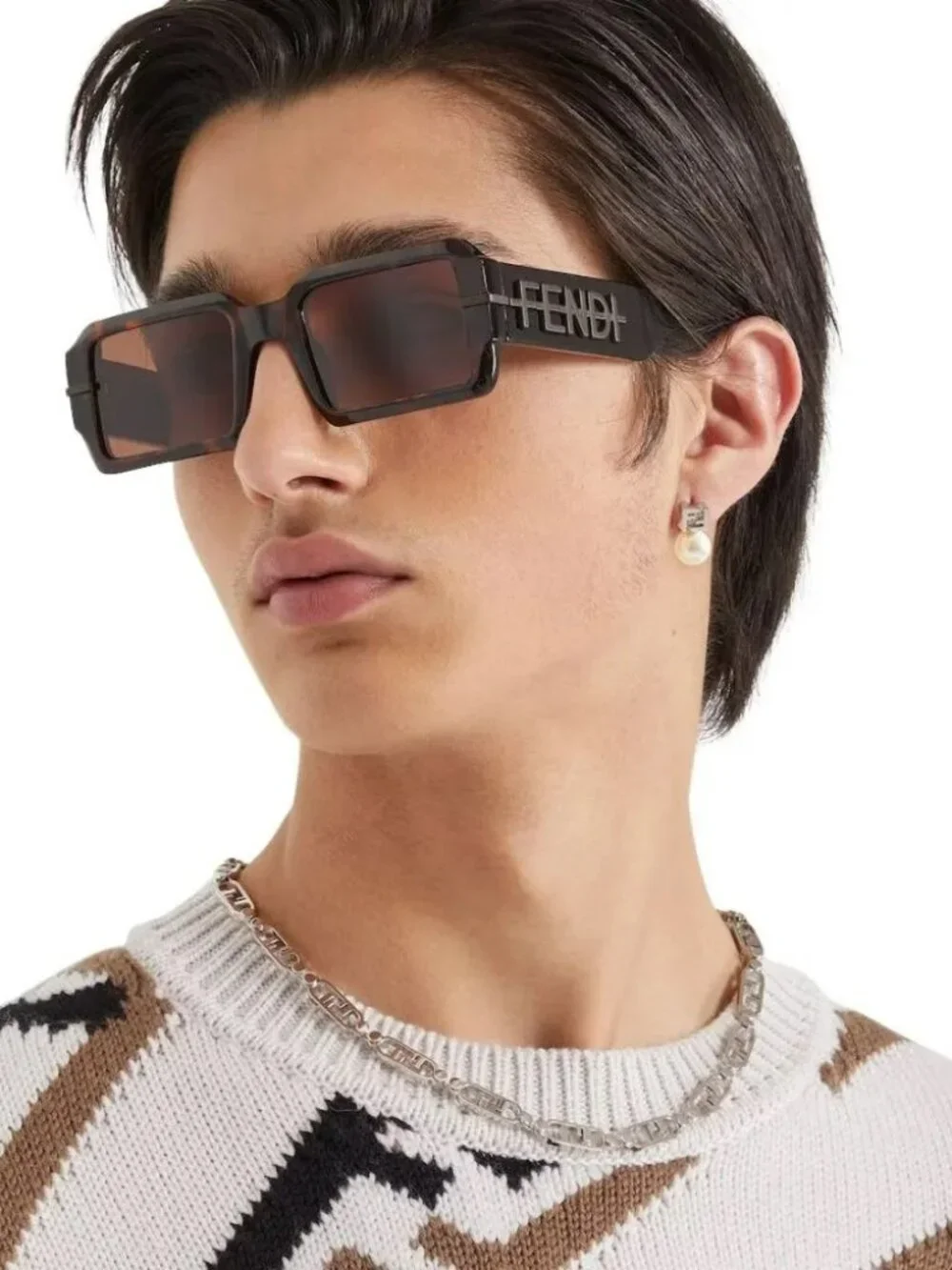 FENDI FE40073U 50E FENDIGRAPHY SHINY BROWN BLUE RECTANGLE SUNGLASSES